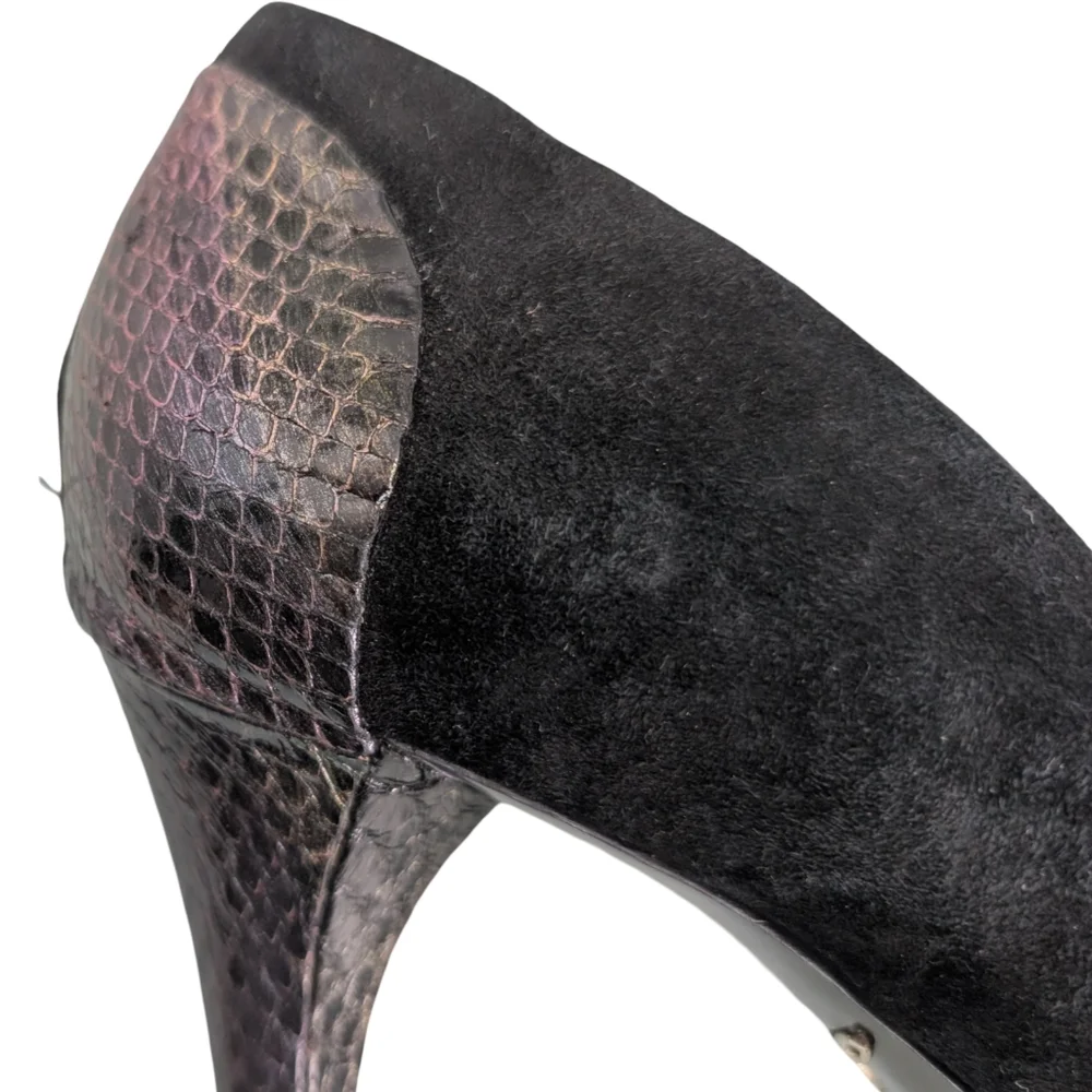 Brian Atwood Black Suede Snake Print Platform Pumps Heels Size 9 Designer Luxury